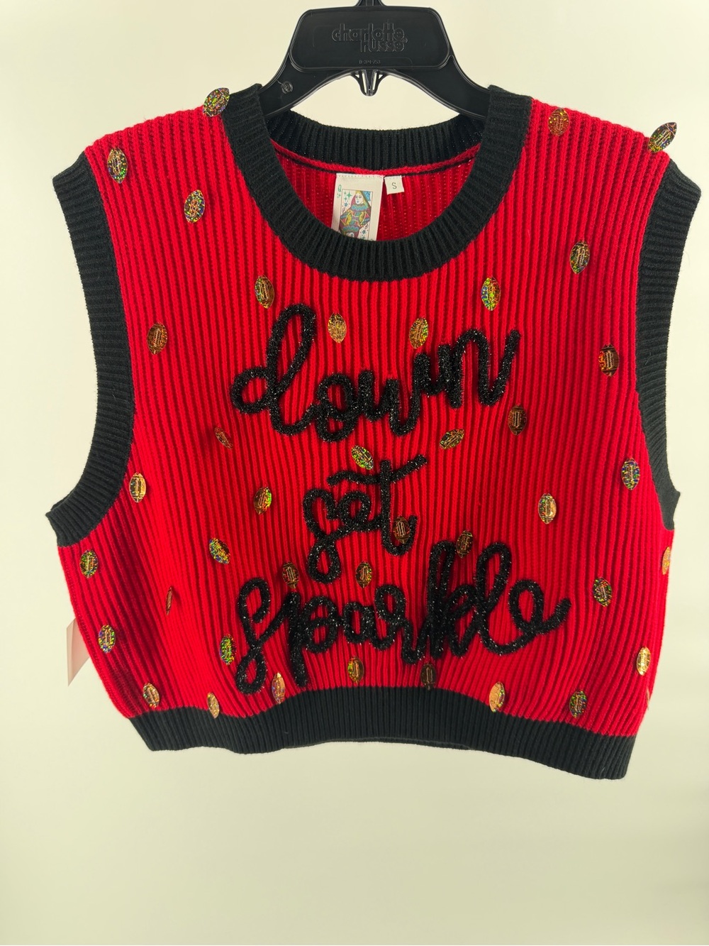 NWT Queen of Sparkle 'Down Set Sparkle' Sweater Vest Black Red Game Day Shirt - Picture 2 of 9